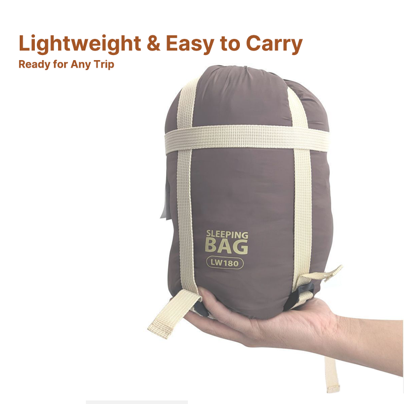 Envelope-style sleeping bag, fully extended, suitable for diverse camping environments