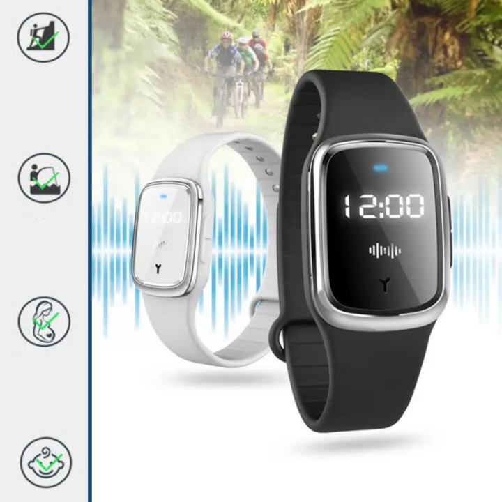 Modern ultrasonic mosquito repellent device on a black wristband, unisex, for effective bug protection