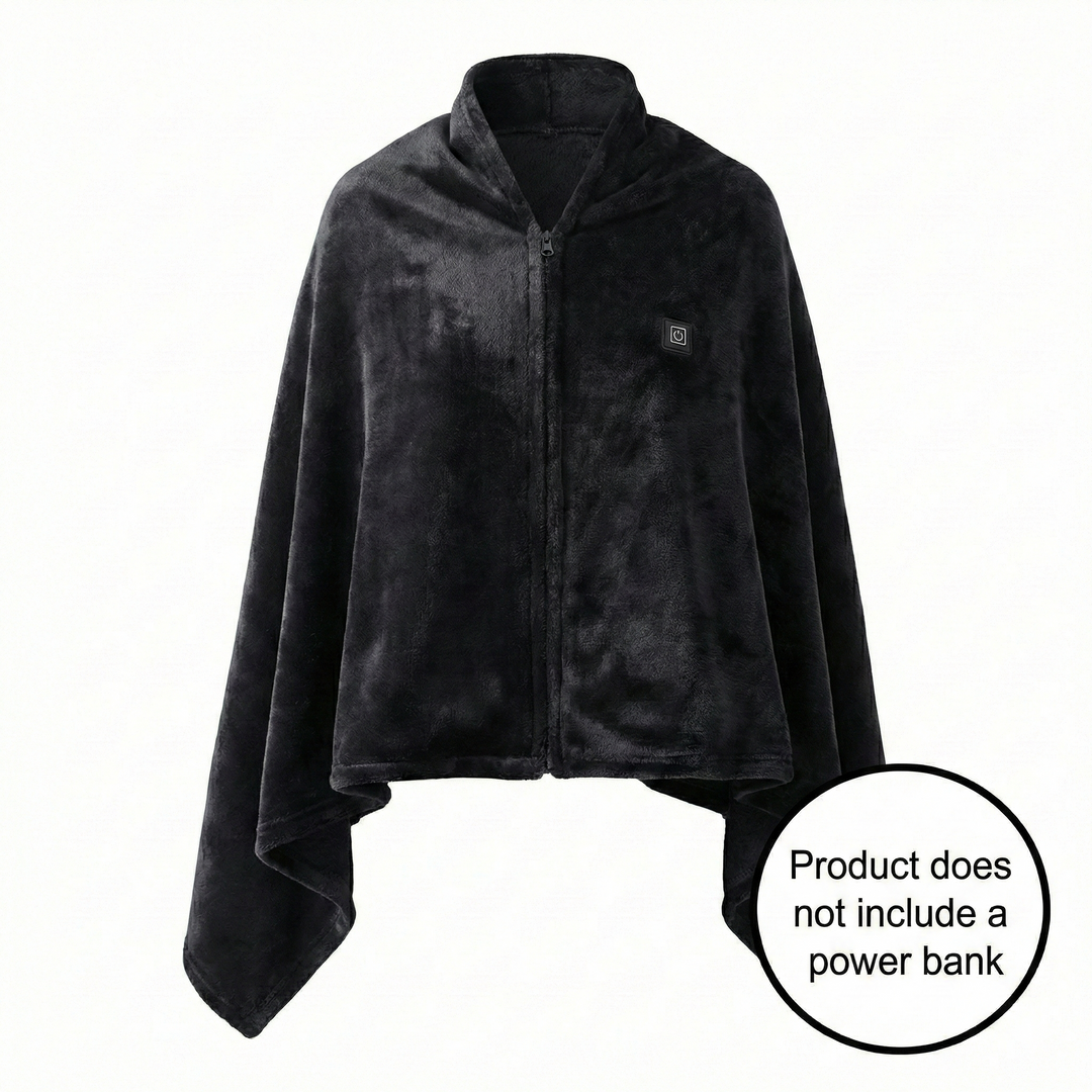 Heated flannel throw, USB powered for universal warmth, doubles as a cozy winter shawl.