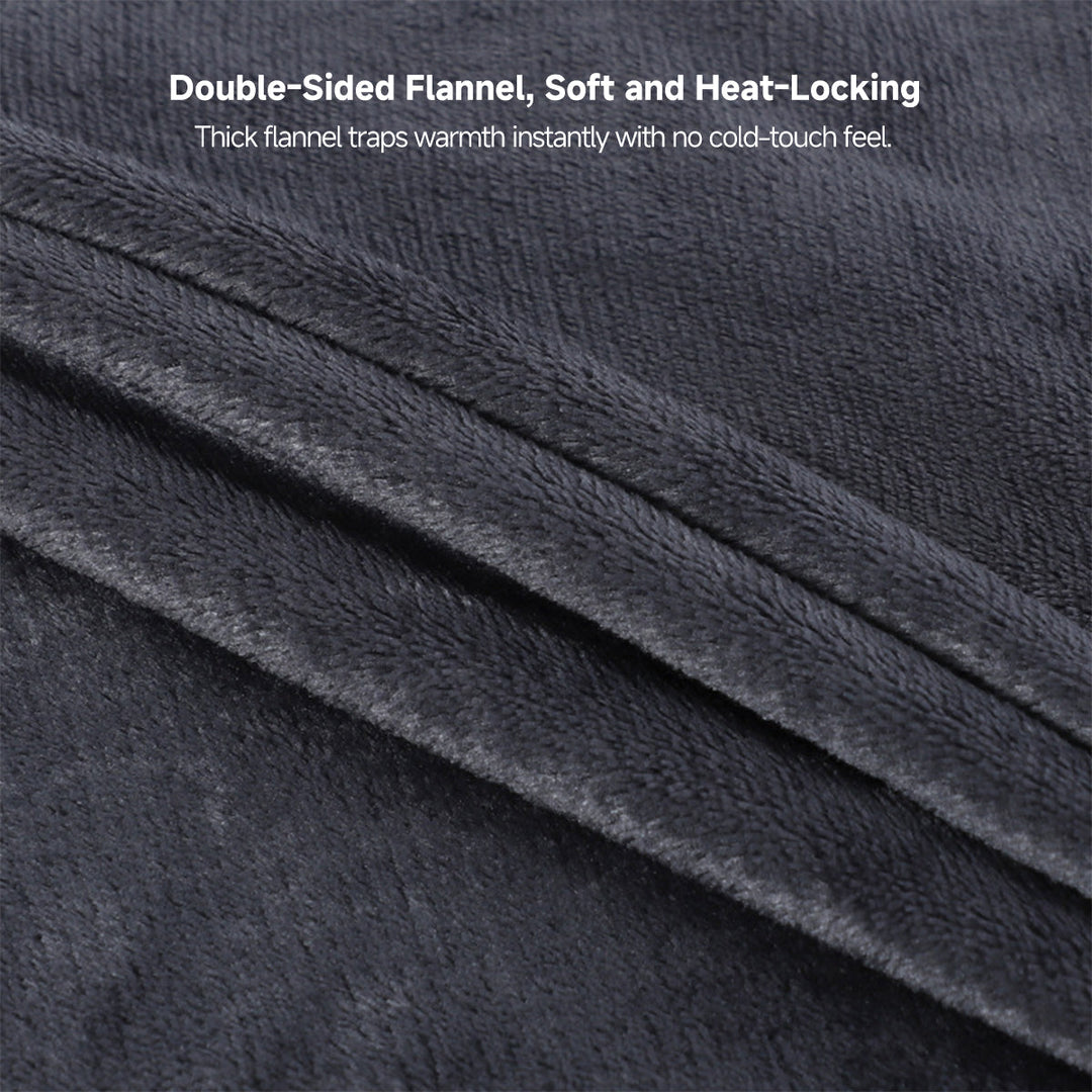 Electric USB heated throw blanket, gray flannel texture, perfect for staying warm portably.
