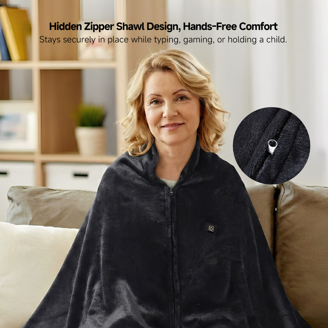 Unisex gray heated shawl, USB powered for winter warmth, a portable cold season solution.