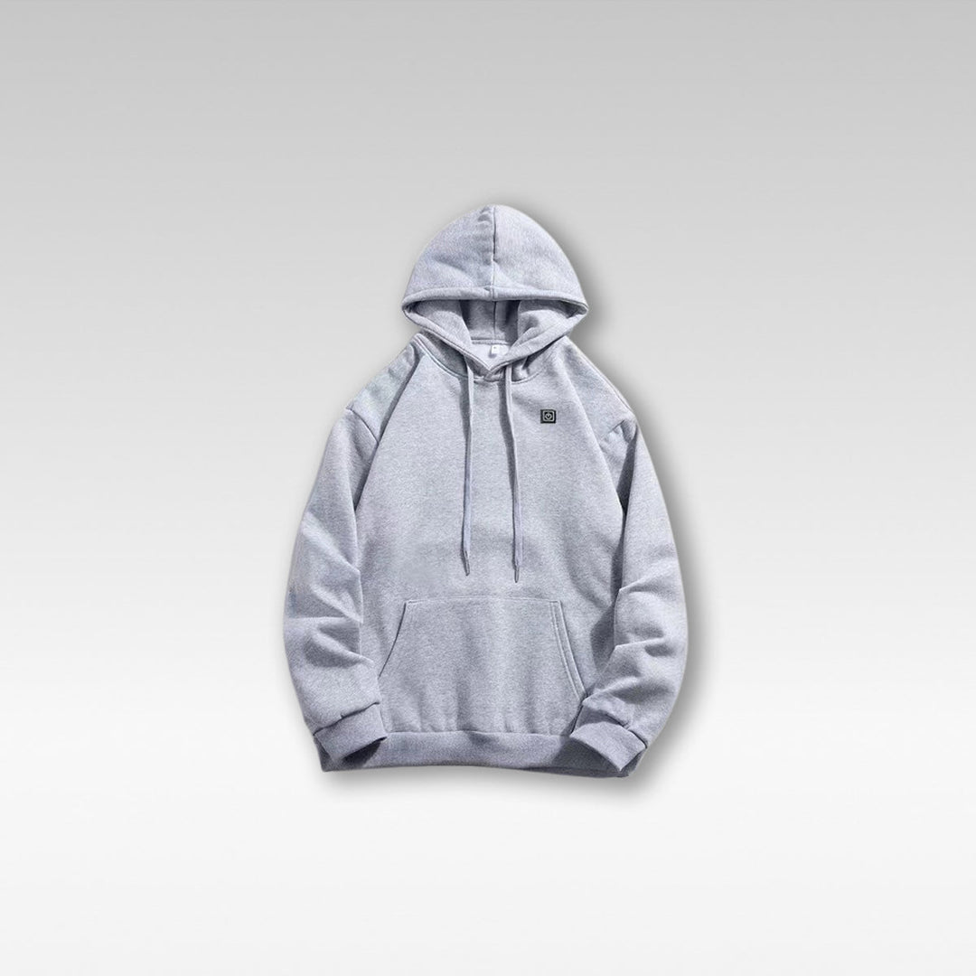 Unisex USB heated hoodie, dark gray, front view, with adjustable heat for winter warmth & outdoor gear