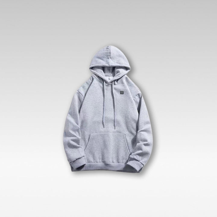 Unisex USB heated hoodie, dark gray, front view, with adjustable heat for winter warmth & outdoor gear