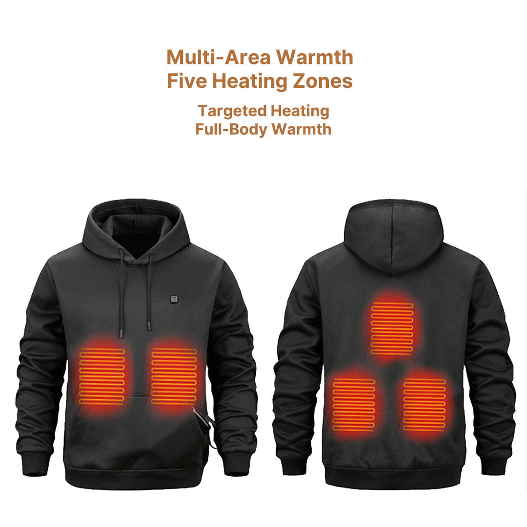 Unisex heated hoodie, navy blue, laid flat, showcasing soft interior lining and casual style