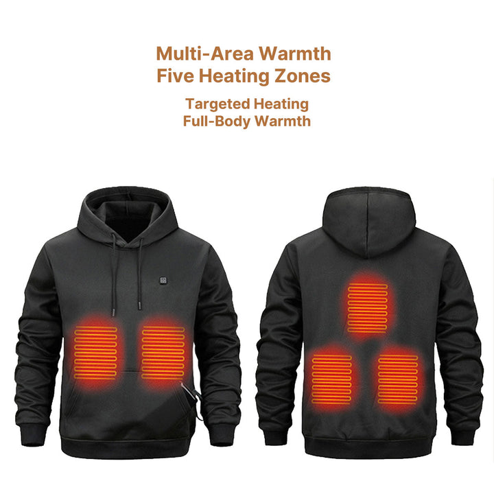 Unisex heated hoodie, navy blue, laid flat, showcasing soft interior lining and casual style