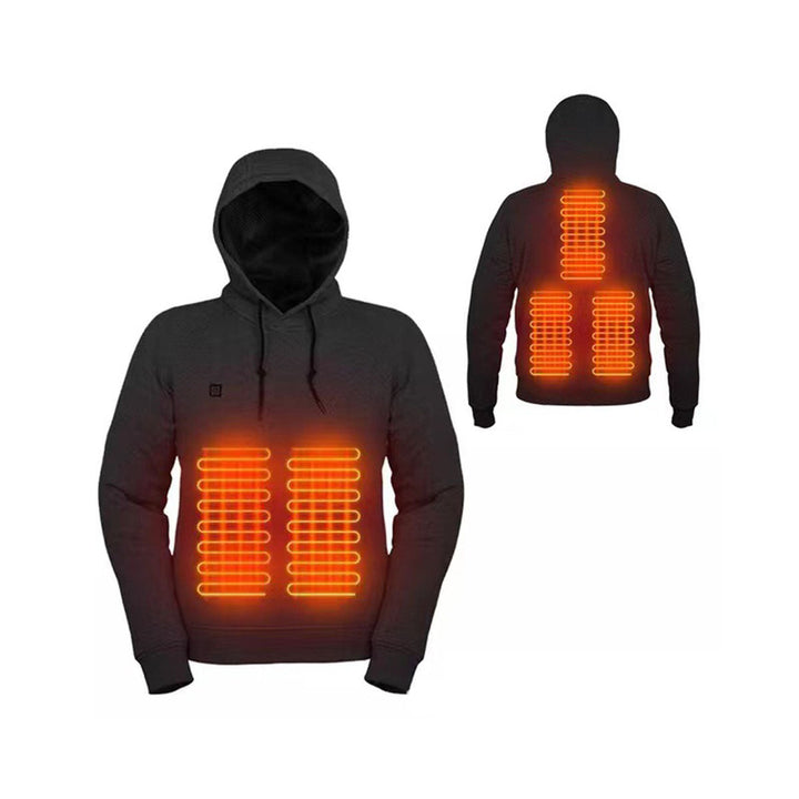Smiling person in a grey USB heated hoodie, enjoying winter activities, offering cozy warmth