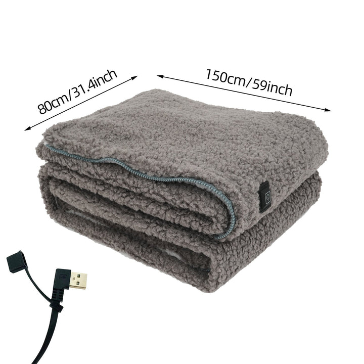Lightweight wearable heated blanket, gray, USB powered, perfect for office, home, or outdoor use.