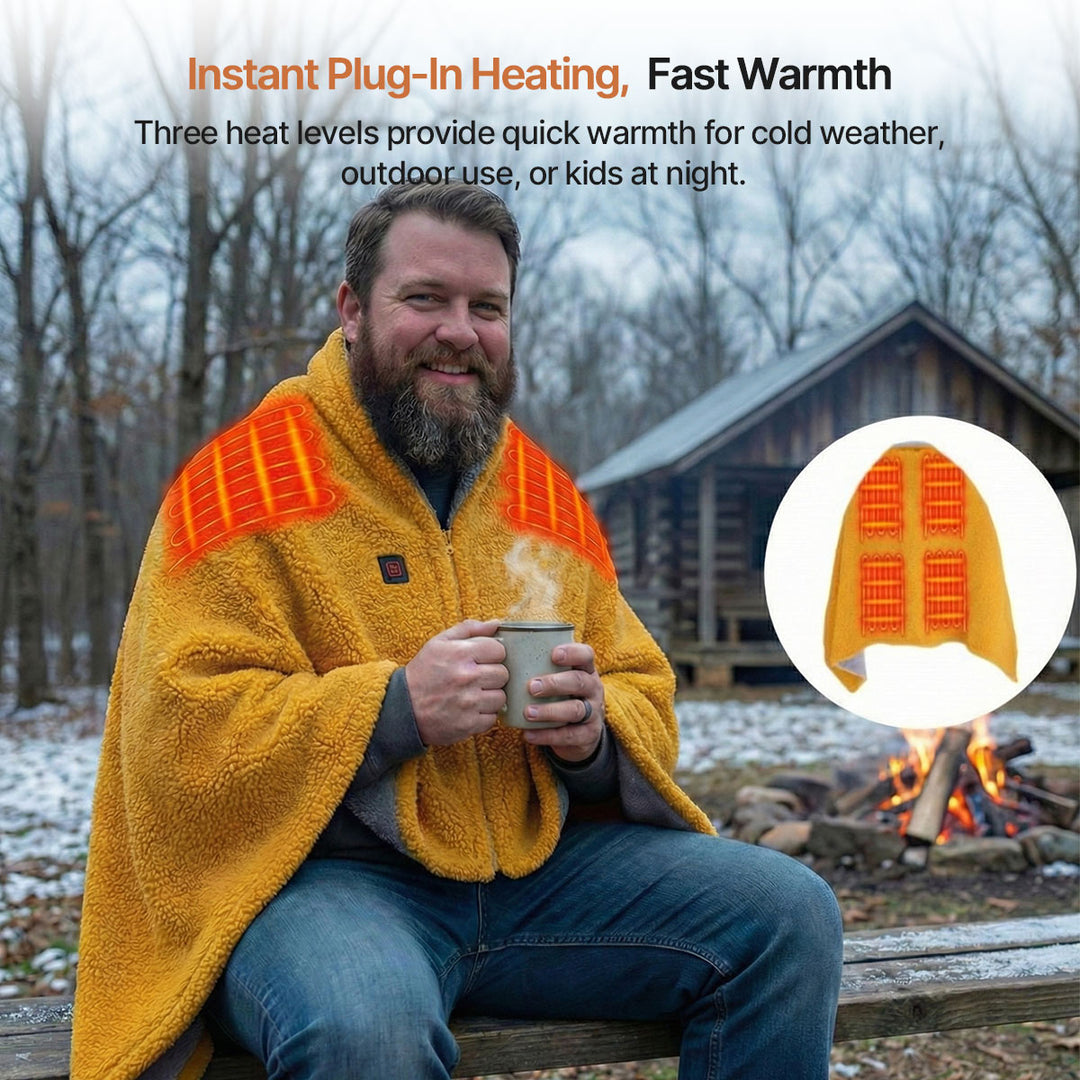 Portable USB heated blanket, soft fabric, worn by a person, ideal for camping and winter warmth.