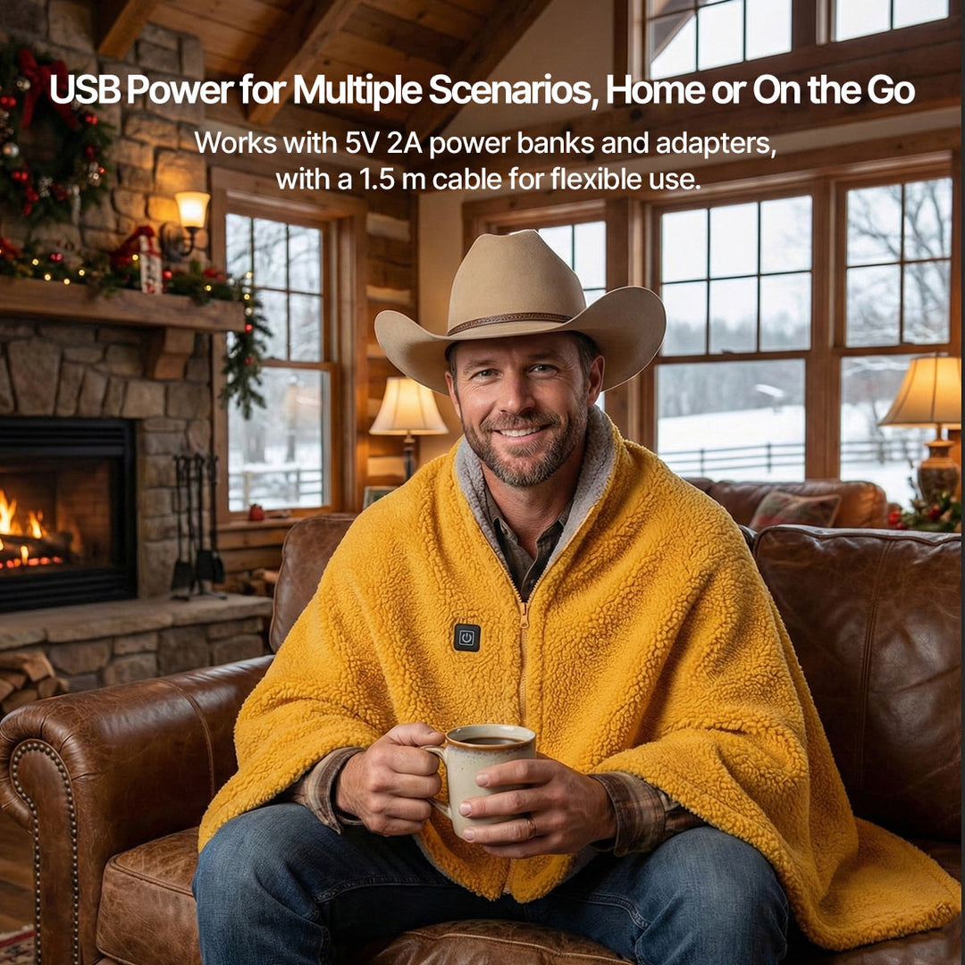 Wearable electric throw blanket with USB power, shown with control, a cozy winter essential accessory.