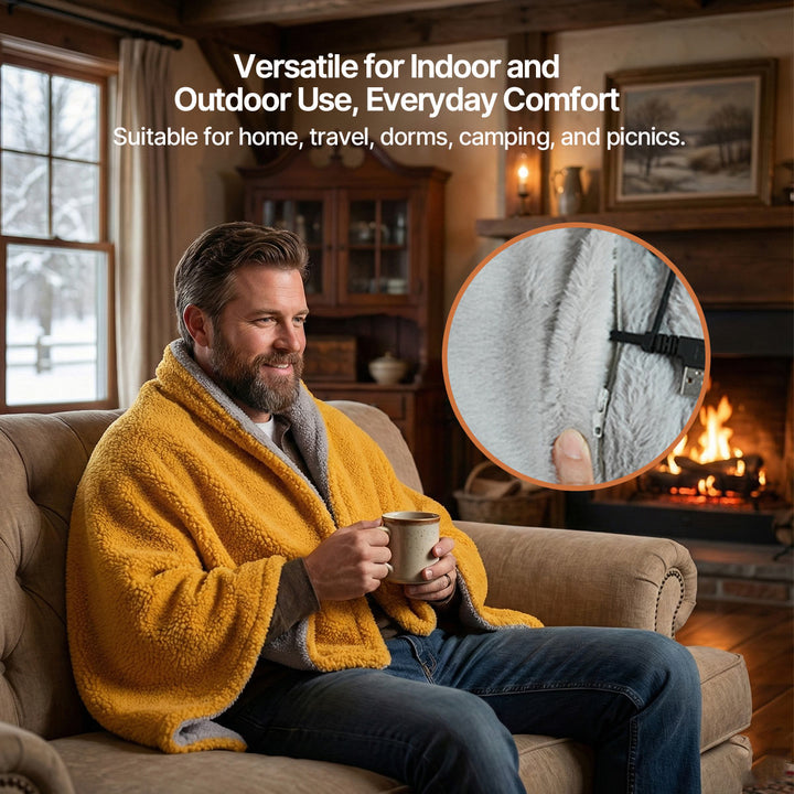 Unisex electric throw, light gray, showcasing its wearable design and USB power for superior comfort.
