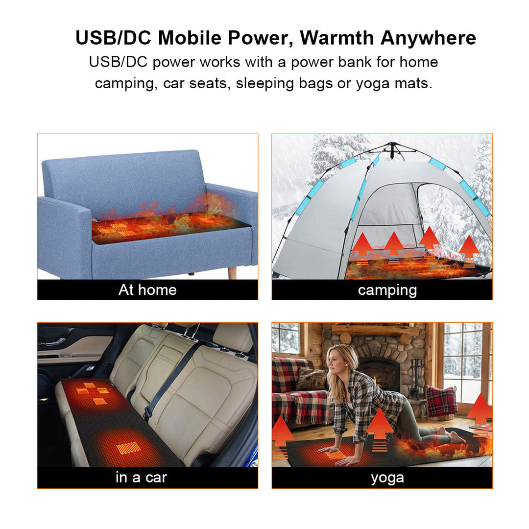Group of friends using USB Heated Yoga Mats during an outdoor winter yoga session, enjoying warmth.