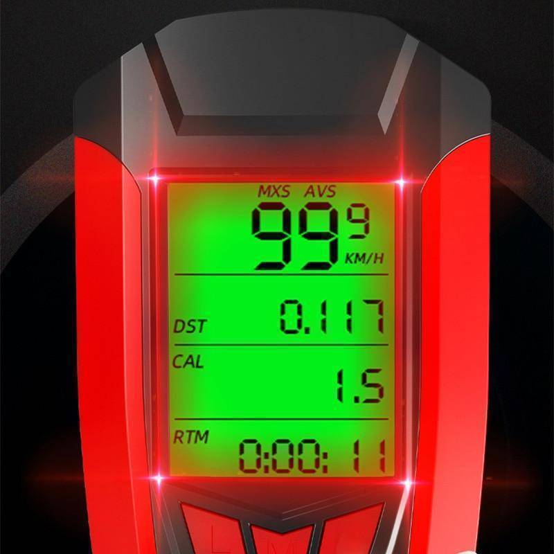 Front view of 3-in-1 bike light & horn, showing LED display and USB charging port, cycling gear