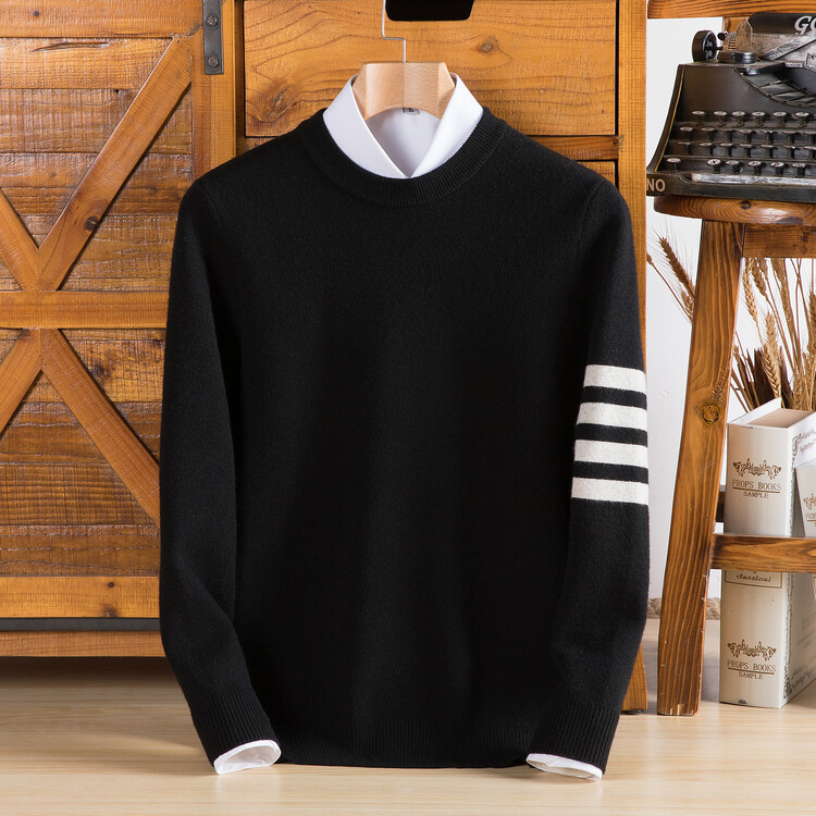 Unisex varsity stripe pullover sweater. Stylish, cozy long-sleeve top for comfortable fall & winter fashion. Menswear, womenswear.