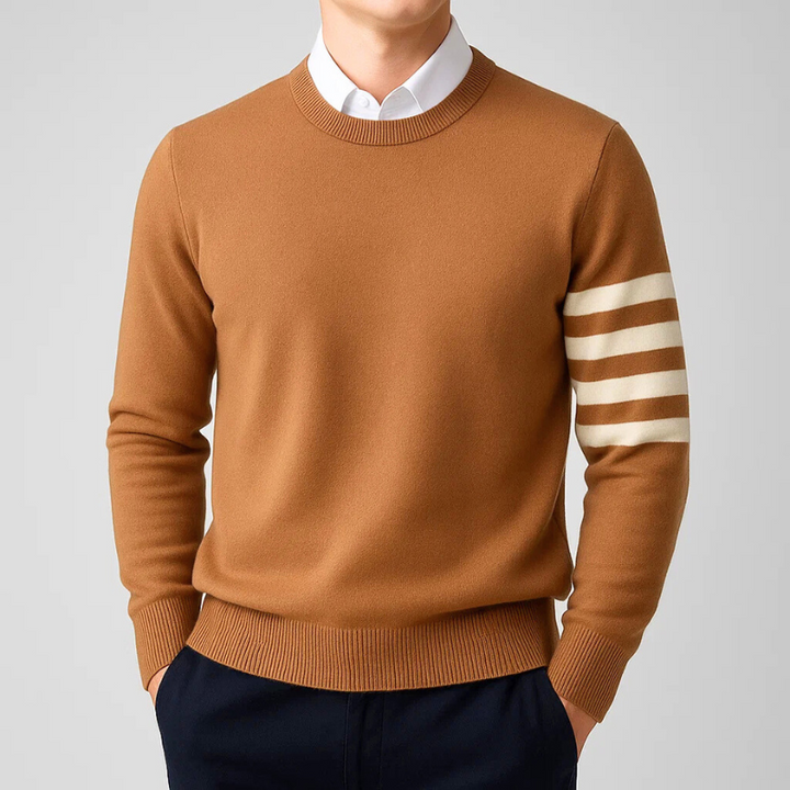 Cozy unisex pullover sweater with classic varsity stripes. Comfortable long-sleeve top for everyday fall & winter style.