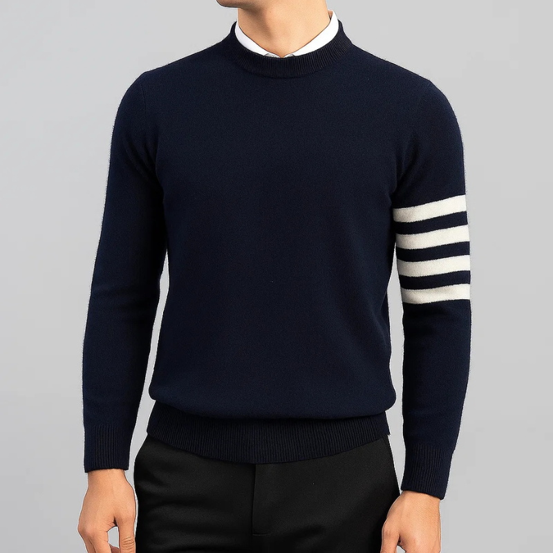 Soft-feel unisex striped pullover sweater. Features varsity style design, ideal cozy long-sleeve top for cool weather.
