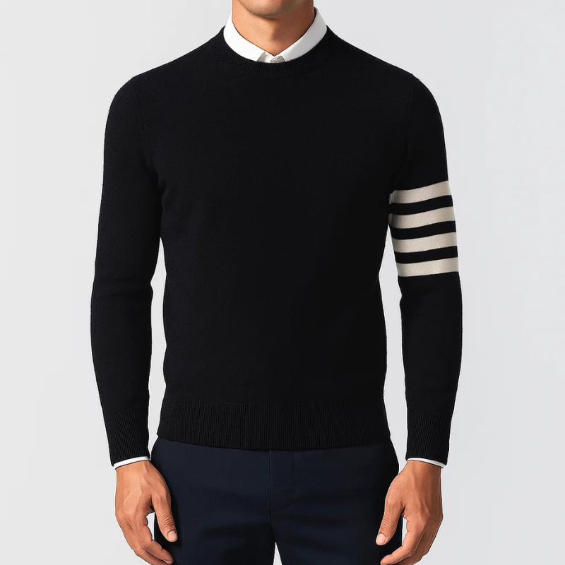 Unisex long-sleeve pullover sweater with bold varsity stripes. Cozy, comfortable top for fall, winter, & casual fashion.