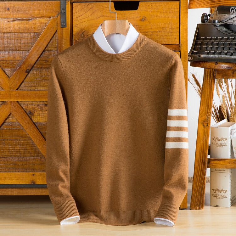Unisex varsity stripe pullover. Cozy and stylish long-sleeve sweater for everyday fall & winter comfort. Menswear, womenswear.