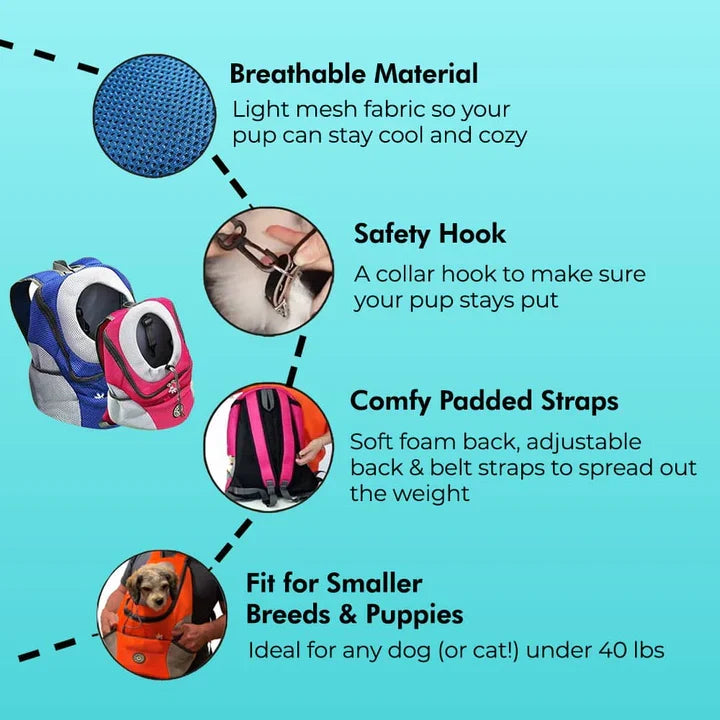 Hands-free ventilated pet backpack for dogs; secure & comfortable for travel, hiking, & daily adventures.