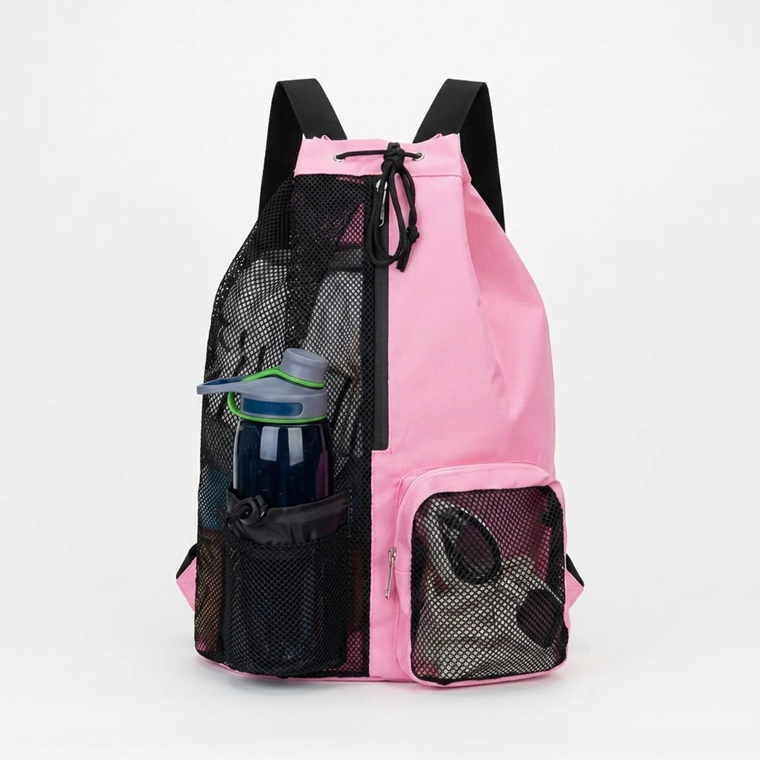Black unisex drawstring gym bag, ventilated for activewear & sports gear. Features wet/dry separation.