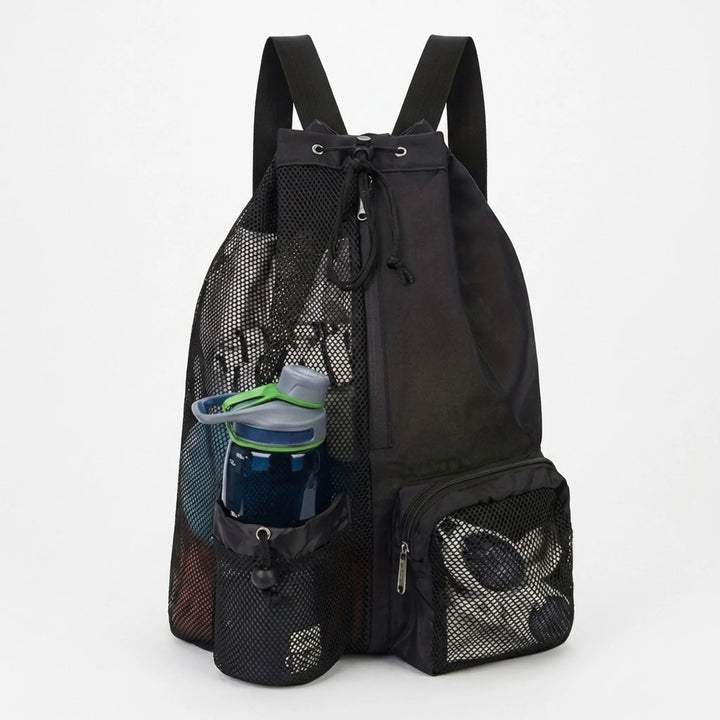 Lightweight black drawstring backpack, ventilated design for comfortable active use. Great as a gym bag.