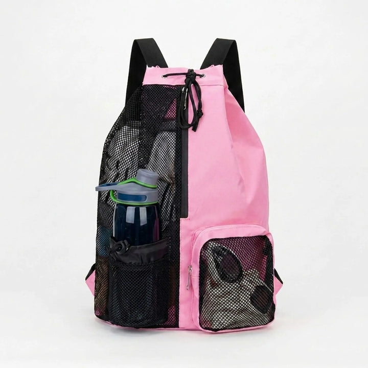 Unisex black ventilated drawstring backpack for gym, fitness, & activewear. Includes wet/dry compartment.
