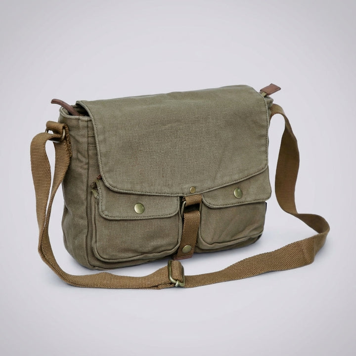Unisex vintage canvas travel messenger bag, durable shoulder carry, ideal for work or casual use.