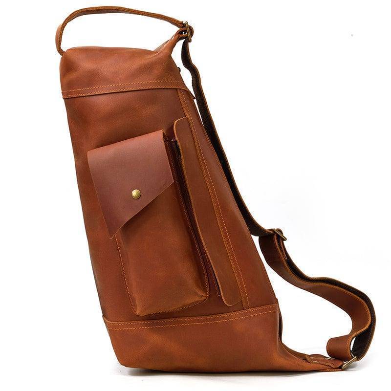 Rear view of unisex Crazy Horse leather backpack, highlighting adjustable shoulder straps and back panel, comfortable for travel