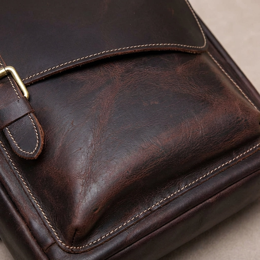 Classic vintage leather shoulder bag. Full-grain, unisex design ideal as a messenger or crossbody for travel & work.