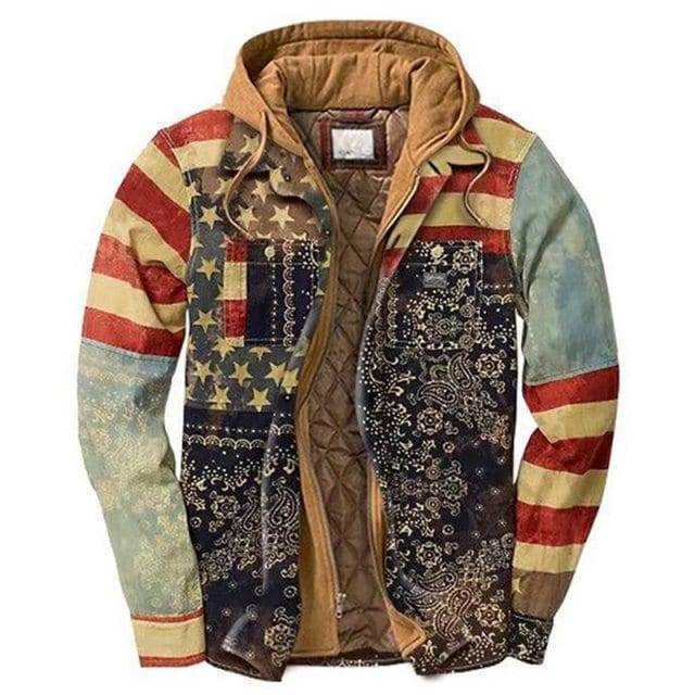 Vintage patchwork windbreaker jacket, unisex, thick, close-up of unique fabric patterns and textures
