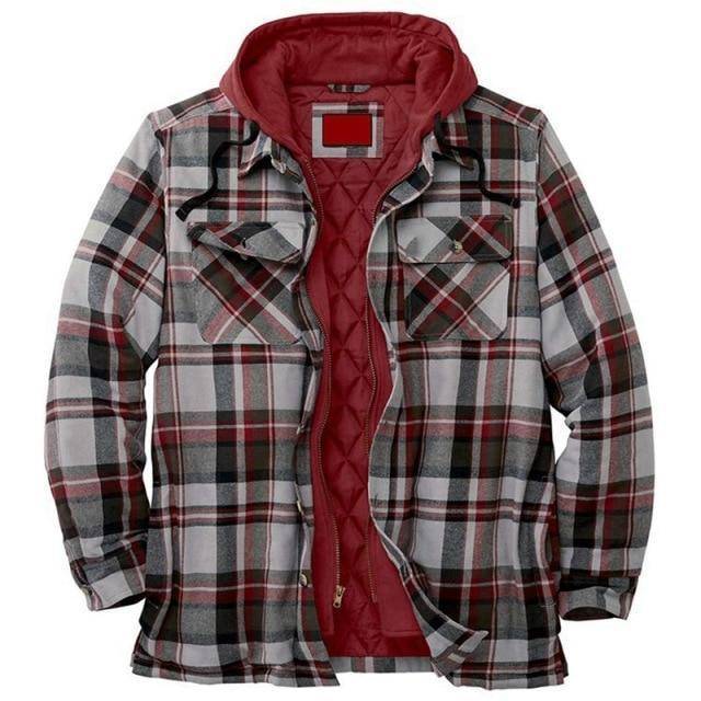 Unisex vintage plaid hooded parka jacket in brown and blue, front view, for warm casual outerwear.