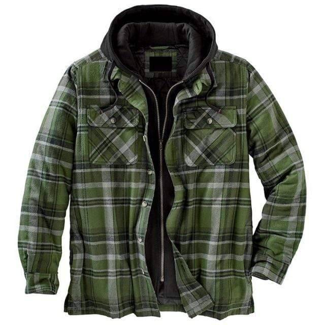 Unisex model wearing a vintage plaid hooded parka jacket, standing outdoors, casual style.