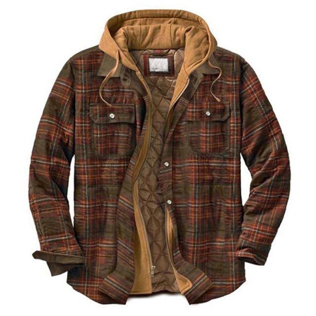 Detail of the hood and collar on a warm vintage plaid parka jacket, suitable for cold weather.