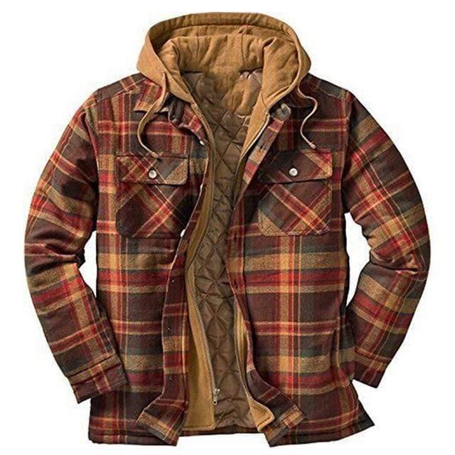 Folded vintage plaid parka jacket with hood, ready for storage or travel, warm and stylish.
