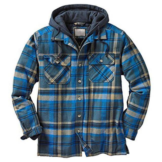 Interior view of the warm lining inside a unisex vintage plaid hooded parka jacket, comfortable cotton.