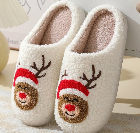 Warm non-slip house slippers, unisex design with a festive deer motif, perfect for holiday cheer.