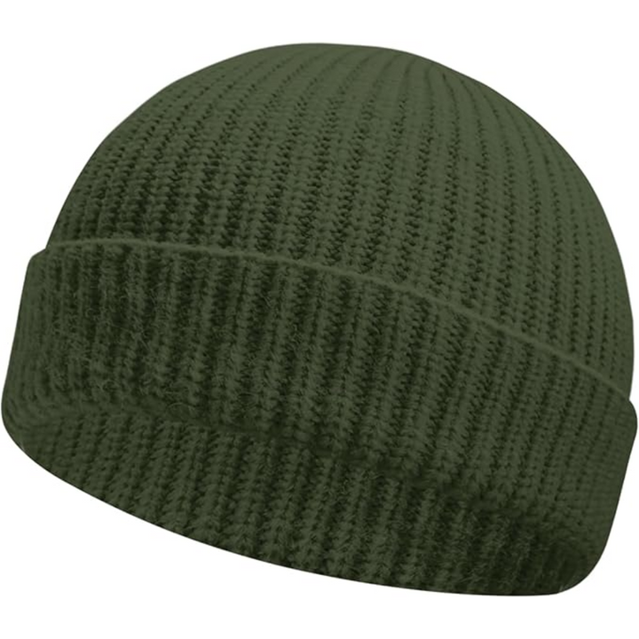 Fashionable warm beanie with a low cuff, essential cold weather gear for all genders.
