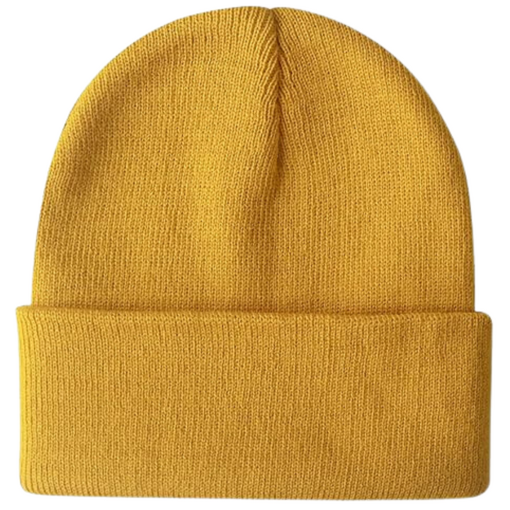 Assortment of colorful warm knitted winter beanies. Unisex headwear for cold weather comfort & fashion.
