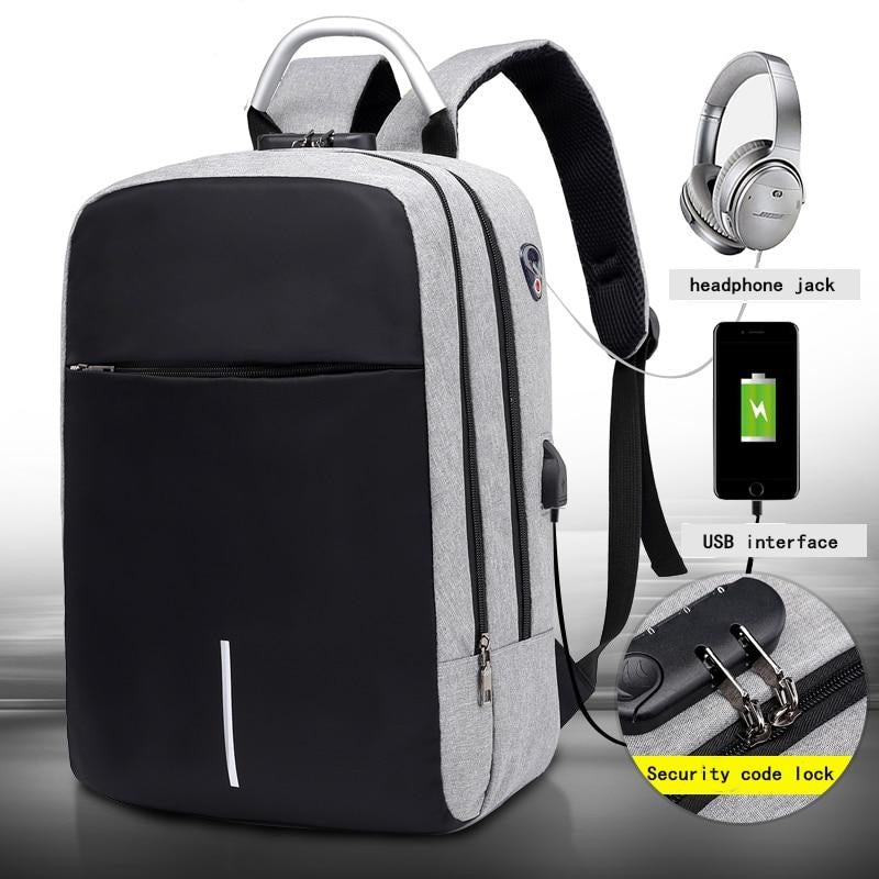 SafeCarry anti-theft travel backpack, water-resistant with hidden zippers & external USB charging port.