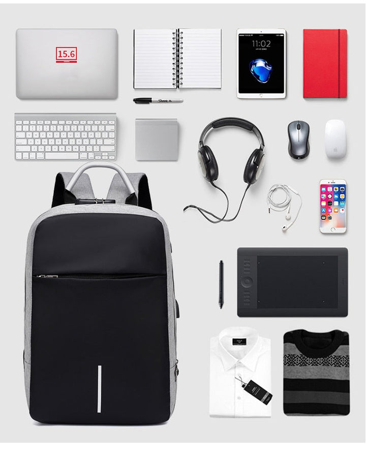 Reflective anti-theft backpack ensures safety with water-resistant fabric & convenient USB charging for night use.