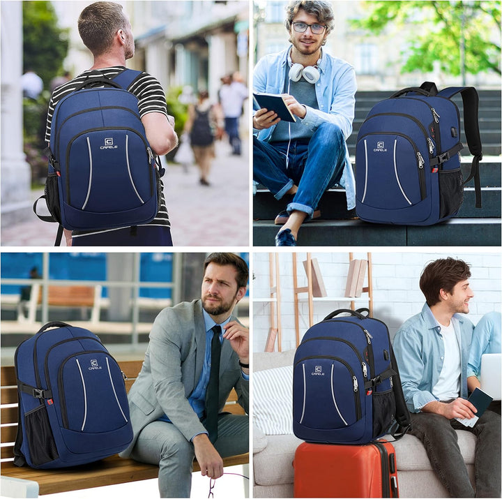 Grey unisex water-resistant laptop backpack, anti-theft design with external USB port.