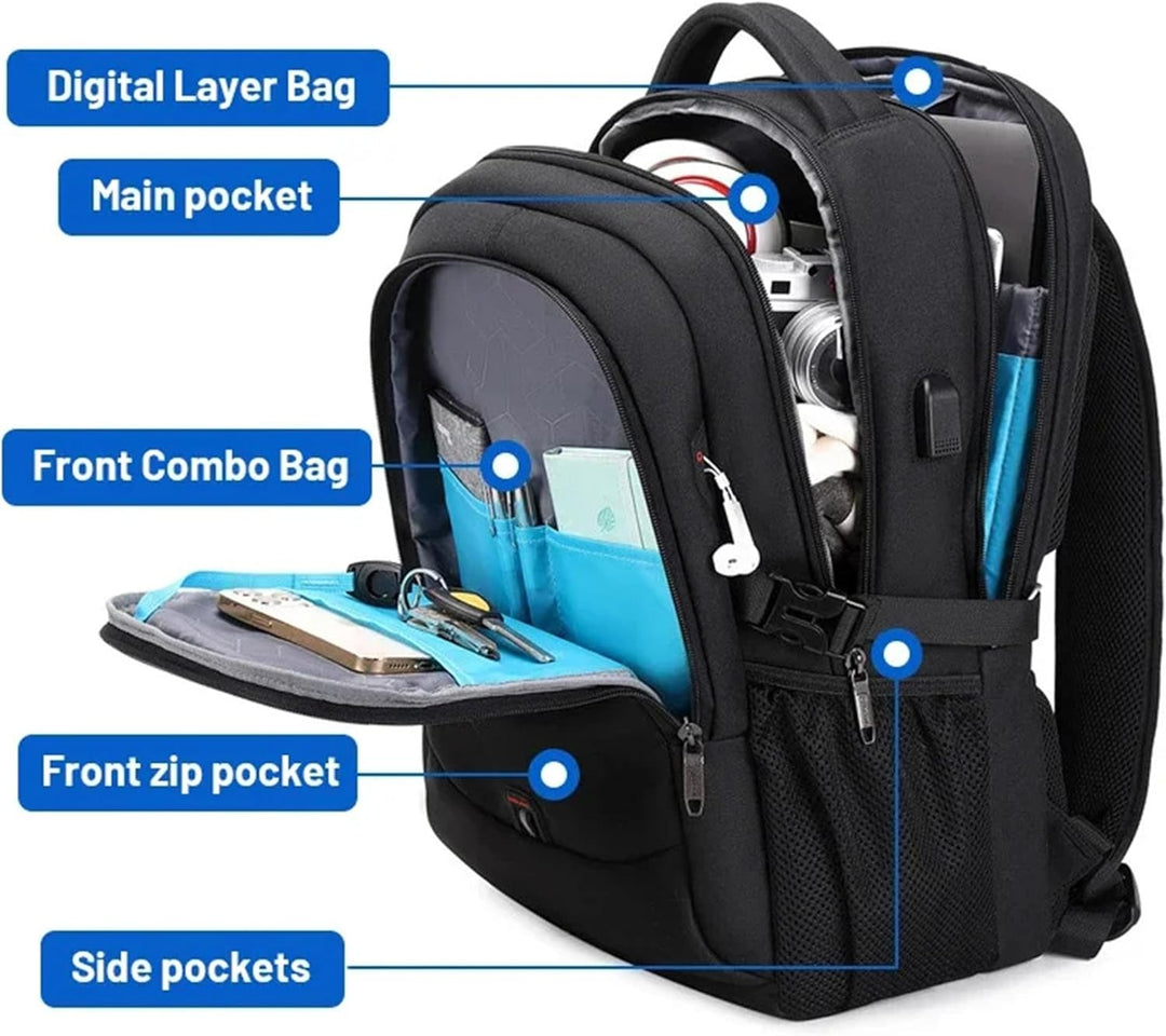Organized travel backpack for laptops, featuring multiple compartments & anti-theft design. Durable & water-resistant.
