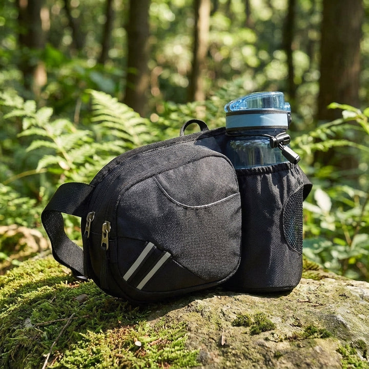 Unisex water-resistant nylon hip pack for running & hiking, featuring adjustable strap. Ideal for outdoor adventures.