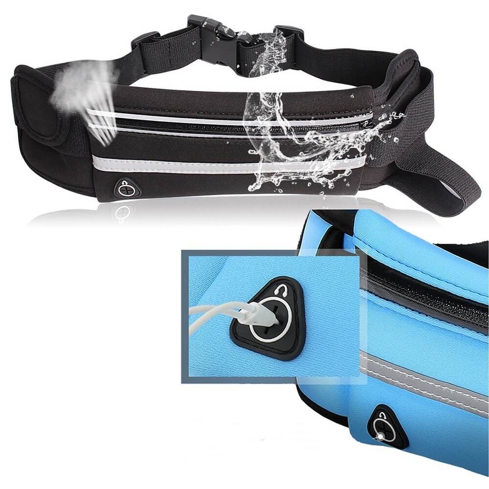 Gym workout with unisex water-resistant running belt. Phone holder waist pack, an essential fitness accessory.