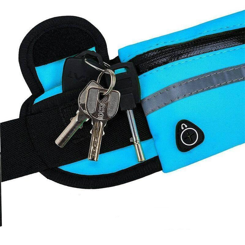 Durable water-resistant material on unisex running waist belt. Secure zipper for phone & essentials storage.