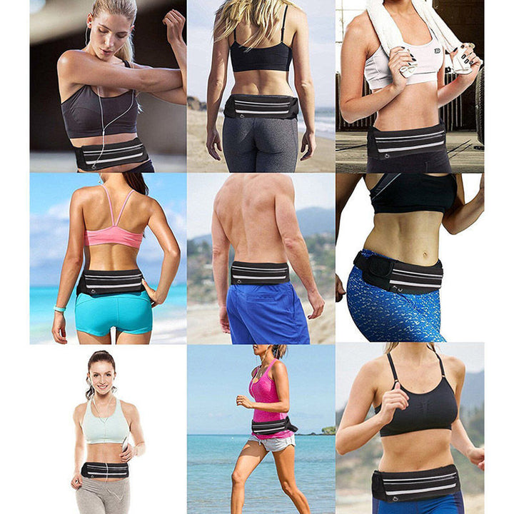 Runner using unisex water-resistant running belt with phone. Fitness waist pack for outdoor exercise.