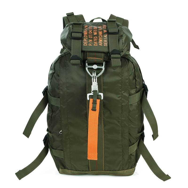 Durable water-resistant tactical backpack, large capacity for camping gear & outdoor adventure, side view.