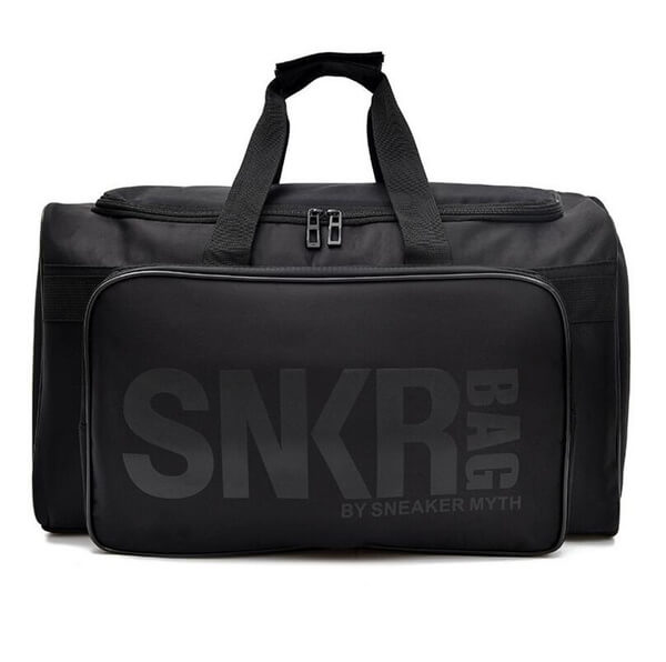 Black water-resistant unisex sports bag. Organized compartments for sneakers, gym gear & travel essentials.