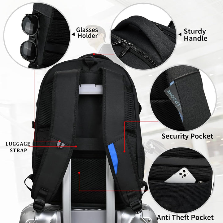 Ergonomic anti-theft travel backpack, water-resistant, USB charging, comfortable for long trips.