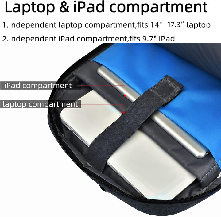 Expandable water-resistant laptop backpack, anti-theft, USB port, for varied packing needs.