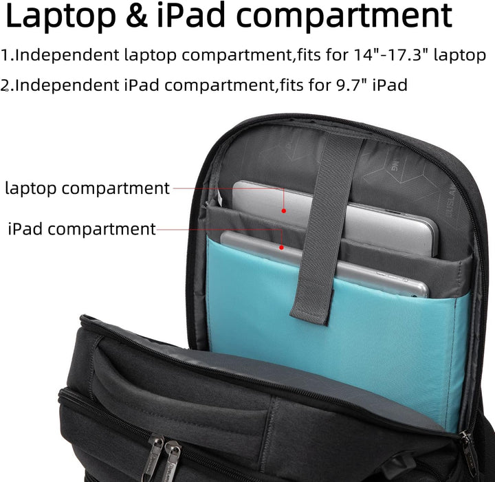 Durable water-resistant anti-theft backpack, USB port, perfect for students & professionals.